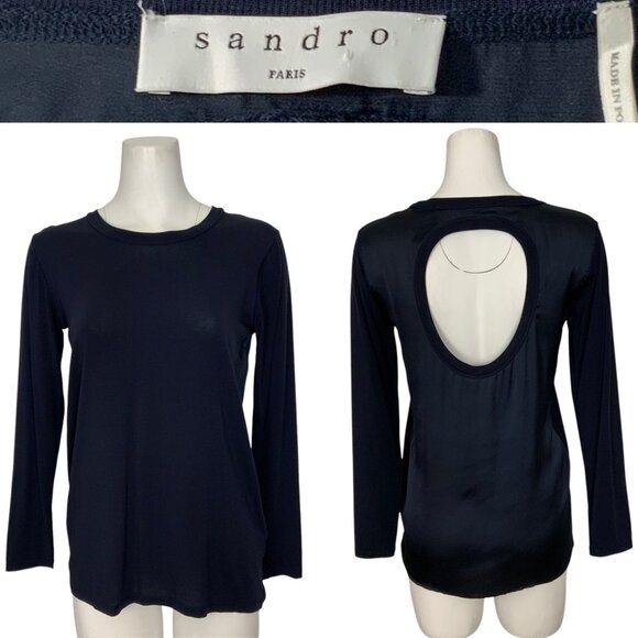 Sandro Paris Womens Cutout Blouse 1 US/S Blue Mixed Media Long Sleeve Crewneck - Picture 1 of 14
